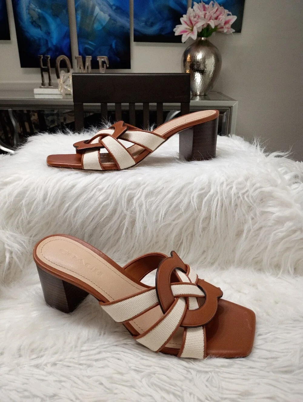 Coach Brown & Cream Braided Leather Block Heel Mule Size 8.5